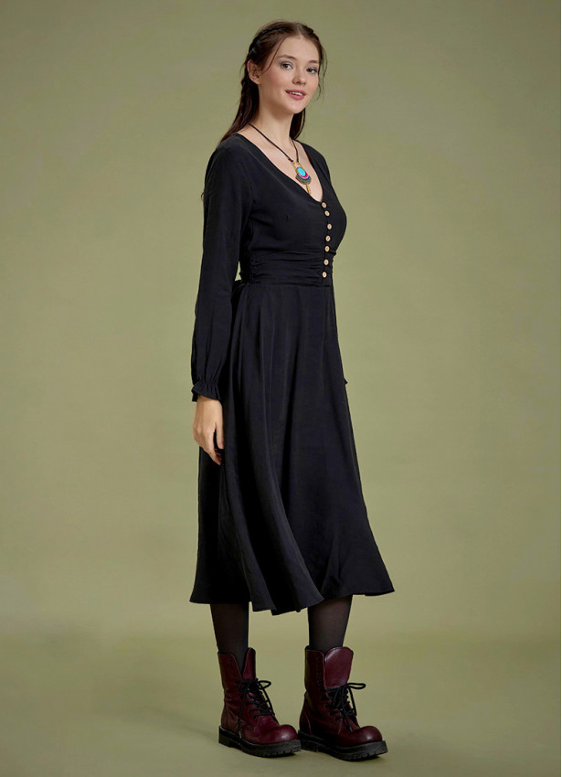 Bohem Tarz Uzun Kollu Siyah Elbise 4827